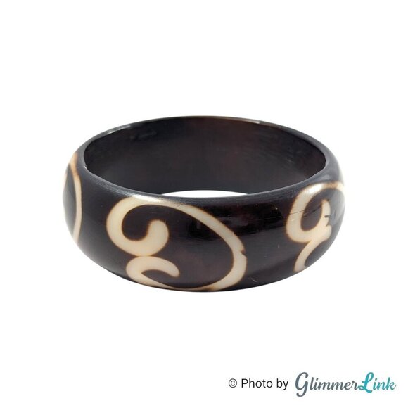 Vintage Dark Brown Resin Tribal Bangle Bracelet, Chunky Bohemian Cuff - Picture 6 of 8